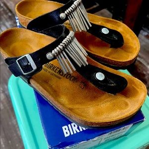 Black Birkenstock Gizeh Fringe Sandals SZ 38